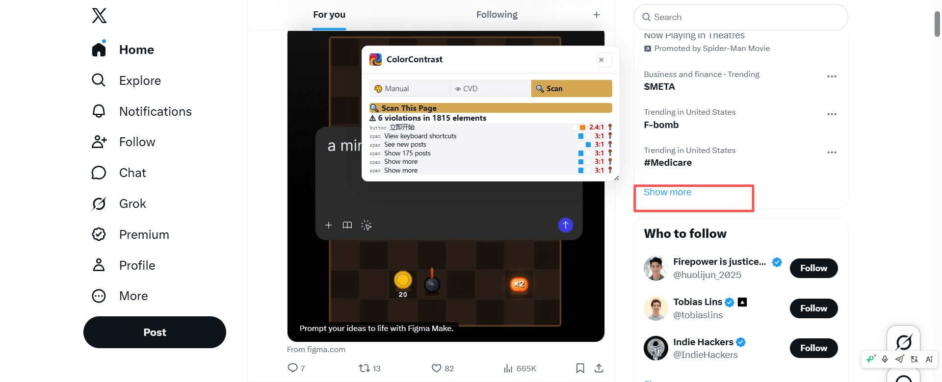 X.com timeline showing low-contrast Load More button text